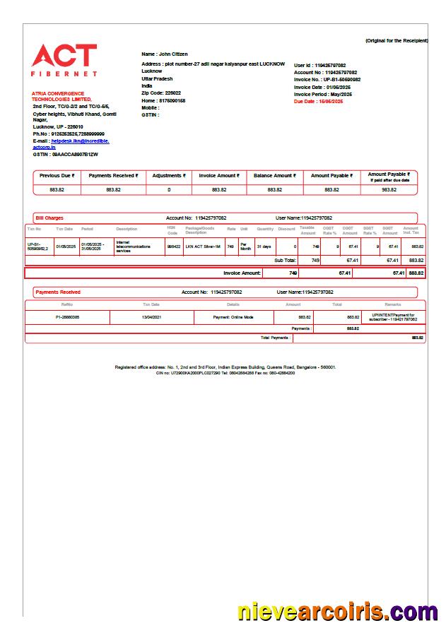 India ACT Fibernet utility bill